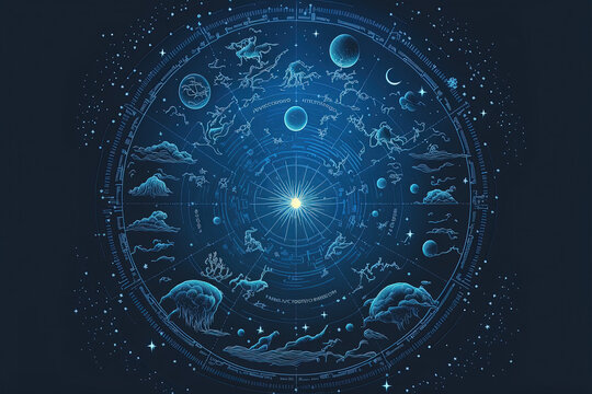 Astrological Signs Zodiac Calendar Clock Future Astrology Horoscope Blue Background Abstract, generative ai