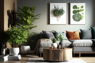 In front of a grey corner sofa in a stylish living room décor are two wooden coffee tables with plants in pots. Generative AI