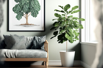 Illustration of Green Decorative Plant in Living Room with Tropical Houseplant. Generative AI