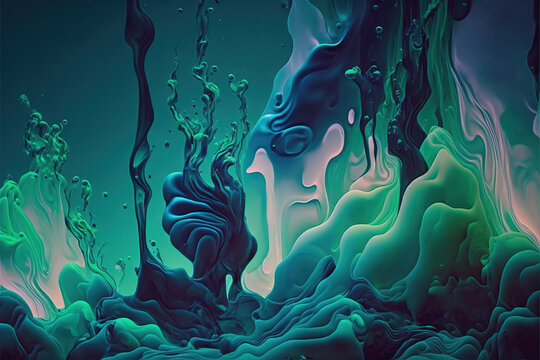 Blue Green Paint Swirls Floating In Water, Lava Lamp, Abstract Background, Generative Ai