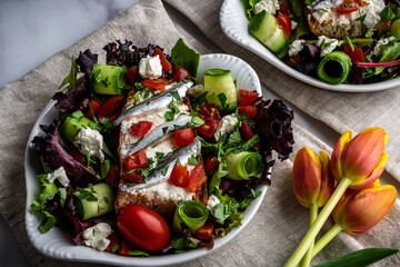 Toasted baguette, white anchovies, goat cheese, and chopped tomato. Served on mixed greens with shaved cucumber and garnished with fresh parsley.