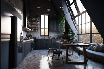 Luxurious studio apartment with a top notch modern kitchen in a loft design and dark hues. With a huge window, the space is stylish and modern. Generative AI