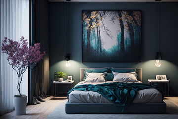 The minimalistic design of the bedroom's interior. comfortable bed in a cozy bedroom. The park may be seen from the window. modern apartment's stylish living room with contemporary furniture