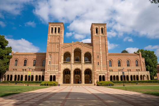 Los Angeles, USA. September 20, 2022. Exterior of Royce Hall building in the campus of UCLA with cloudy sky in the background during sunny day
