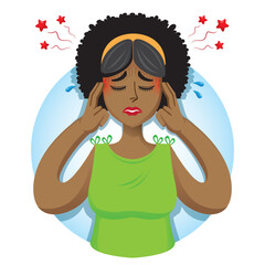 Afro-descendant woman person mascot with headache, symptoms. Ideal for informative and institutional related to medicine