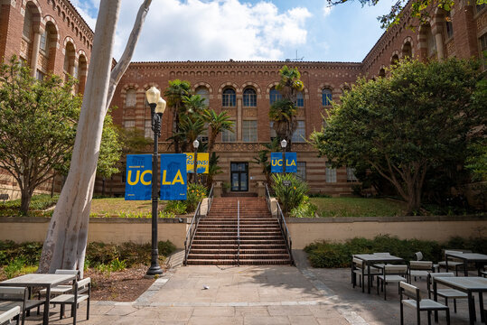 Los Angeles, USA. September 20, 2022. Steps amidst trees leading towards entrance of historic UCLA building with posters on streetlights and furniture arranged in campus