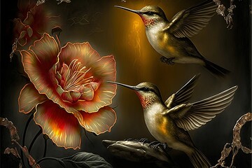 Lavish Glowing Birds in Gardens of Fantasy Flowers, Machine Learning Generated AI Wallpaper with Songbirds and Gilded Flowers