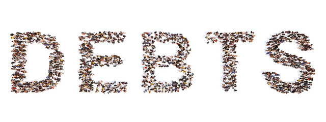 Concept or conceptual large community of people forming the word DEBTS.  3d illustration metaphor for financial burden under the form of mortgages,  loans, credit cards, taxes, bills and low savings