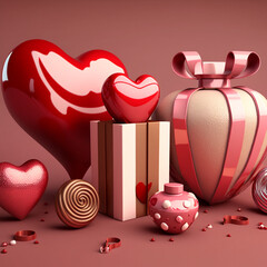 gift box with hearts and ribbon, Generative AI	