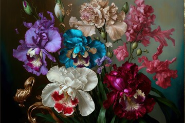 Fototapeta na wymiar Romantic Bouquet of Luminous Irises, Peonies, Roses, and Snapdragons; Machine Learning Generated AI Painting of A Still Life of Flowers