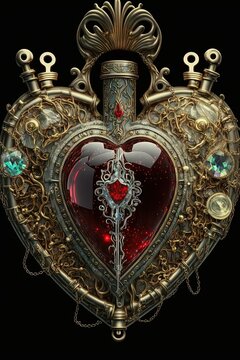 Glassy Mechanical Red Valentines Day Heart, Machine Learning Generated AI Image of a Filigreed Gilded bejeweled Anatomical Heart