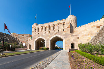 The arched doorways and gates at the Omani Gate in the Arabic Persian Gulf city of Muscat, Oman.
