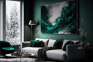 Stylish emerald green and grey living room decor with a wall mounted abstract painting. Generative AI