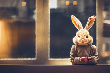 A rabbit in a sweater stands in front of a window and uses a mobile phone.Digital generated image.