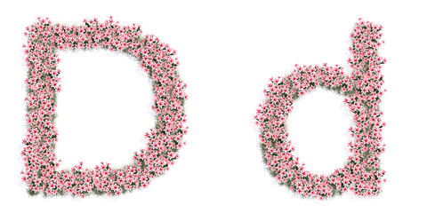 Concept or conceptual set of beautifull blooming lilies bouquets forming the font D. 3d illustration metaphor for education, design and decoration, romance and love, nature, spring or summer.