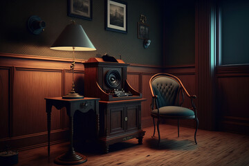 A retro room with a dark atmosphere with a phonograph on a wooden cabinet and a black chair. Generative AI