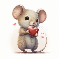 Fototapeta cute anthropomorphic mouse, Valentines day, love, hearts, watercolor, AI assisted finalized in Photoshop by me  obraz