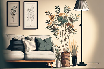The Scandinavian style sofa, coffee table, rack, and floor lamp. With artwork, plants, and pillows, the decor is simple and beautiful. The living room, in part. flat hand drawn picture in form