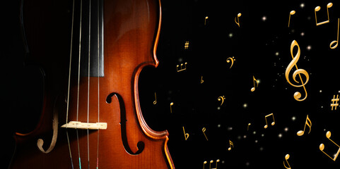 Violin, music notes and other musical symbols on black background, banner design