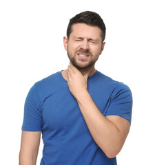 Obraz premium Man suffering from sore throat on white background
