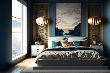 Asiatic themed bedroom Image of a contemporary bedroom. luxurious studio residence Building outside the window and a blue sky. On the bed was a golden teapot. Generative AI