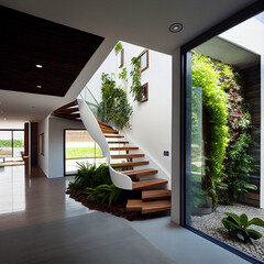 Sunny entrance to modern house with high ceilings.
