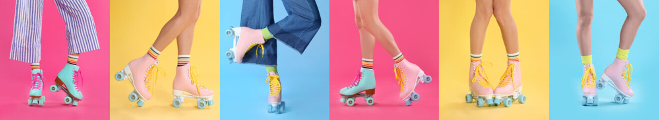 Photos of women with retro roller skates on different color backgrounds, closeup. Collage banner design