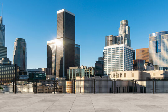 Skyscrapers Cityscape Downtown, Los Angeles Skyline Buildings. Beautiful Real Estate. Day Time. Empty Rooftop View. Success Concept.