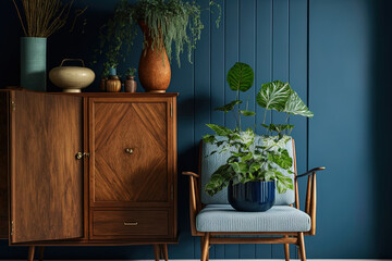 Vintage wooden cabinet from Scandinavia with a chair next to a deep blue wall. Generative AI