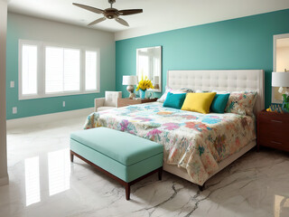 Beautiful multi-colored bedroom, interior decor, AI