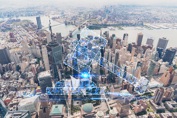 Aerial panoramic helicopter city view, Lower Manhattan, Downtown, New York, USA. World Trade Center, bridges. Glowing hologram legal icons. The concept of law, order, regulations and digital justice