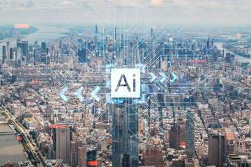 Fototapeta na wymiar Aerial panoramic helicopter city view of Upper Manhattan, Midtown and Downtown, New York, USA. Artificial Intelligence concept, hologram. AI, machine learning, neural network, robotics