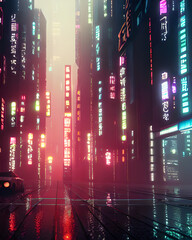rainy foggy cyberpunk city neo tokyo, cinematic lighting, reflections billboards and advertisement signs at modern buildings in capital city with light reflection from puddles on street
