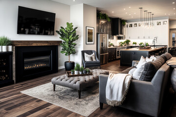 Beautiful living room interior in new luxury home with hardwood floors and a view of the kitchen. Generative AI