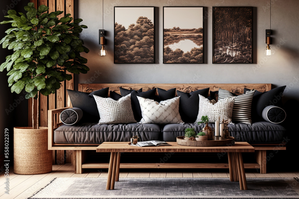 Wall mural Living room with wooden sofa and dark pillows. Generative AI