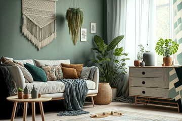 Apartment interior design with a modern and bohemian aesthetic that includes a gray sofa, a rattan armchair, wooden cubes, plaid, a tropical plant, macrame, and fine accessories. Elegant interior desi