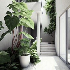Beautiful foyer with natural light and plants, entrance to a luxurious home. 