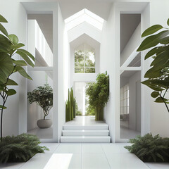 Fototapeta na wymiar Beautiful foyer with natural light and plants, entrance to a luxurious home. 
