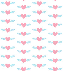 Vector seamless pattern of hand drawn doodle sketch heart with wings isolated on white background