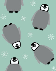 Vector seamless pattern of hand drawn flat baby penguin and snowflakes isolated on mint background
