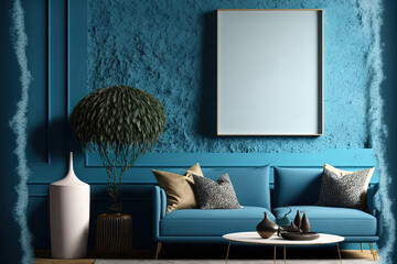 Stylish home design mockup with blue wall texture and living room furnishings. Generative AI