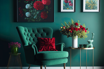 paintings on a green wall in a living room with a red armchair and a black side table with a bouquet of flowers on top. Generative AI