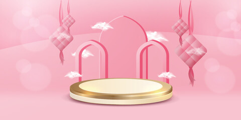 3d Ramadan Mubarak greeting and invitation card. Islamic display decoration. Beautiful islamic realistic template background on peach or pink color. Podium, lantern, ketupat.
