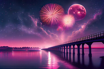 fireworks in the night,fireworks on the sea,bridge in the night