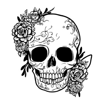 Skull with flowers. Sketch human skull with roses, traditional gothic black tattoo. Drawn monster halloween engraving vector artwork. Scary dead head with teeth with blossom and foliage