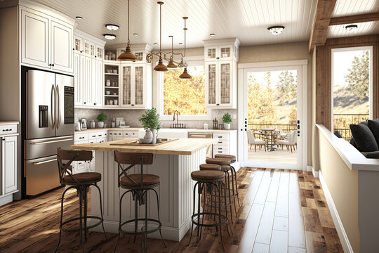 Interior of beige kitchen with hardwood floors, bar stools, and countertops. Kitchen utensils and furnishings are on the deck, and the cooking area has a view of the surrounding landscape. Generative