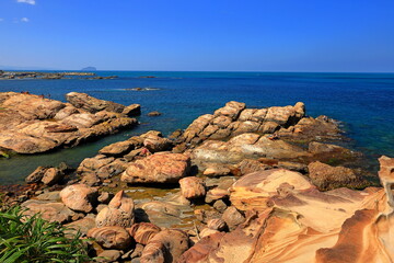 Fototapeta na wymiar Coastal rock formations in Nanya, Northeast Coast National Scenic Area, Taipei Taiwan.