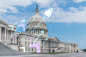 Fototapeta na wymiar Capitol dome building exterior, Washington DC, USA. Home of Congress and Capitol Hill. American political system. Startup company, launch project to seek and develop scalable business model, hologram