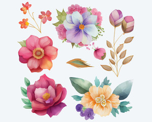 collection of flowers Beautiful Watercolor set of Design Ornaments