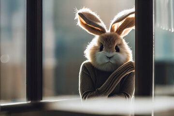A rabbit in a sweater looks out the window. Ai generated image.